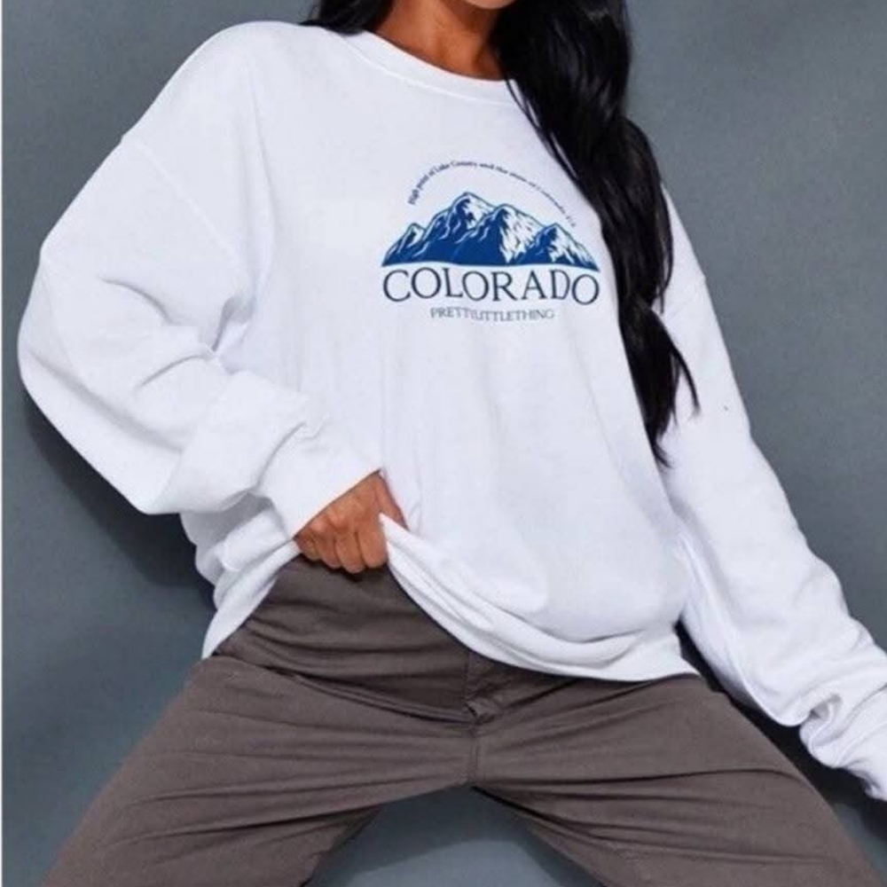 NWT PLT White Oversized Sweatshirt with Blue Graphic
